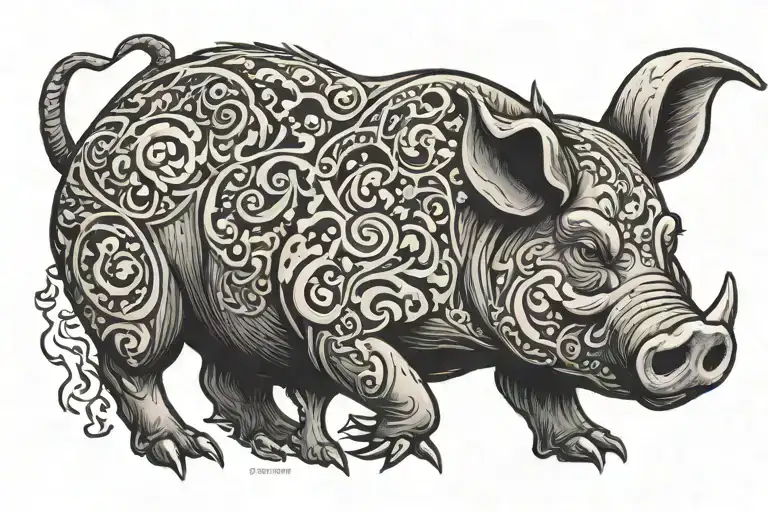 BBQ fire pig tattoo design idea