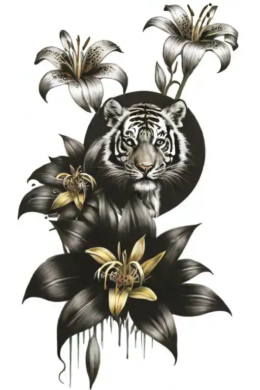 waterfall, tiger cubs, Tiger lily flower tattoo design idea