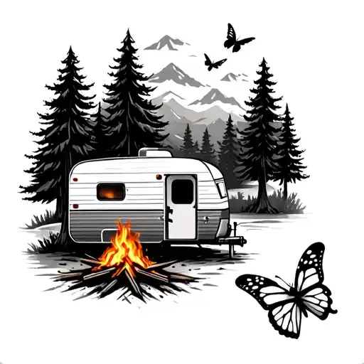 Design a camping theme black and white realistic tattoo for my arm  with trees, a trailer, camp fire, a butterfly flying tattoo design idea