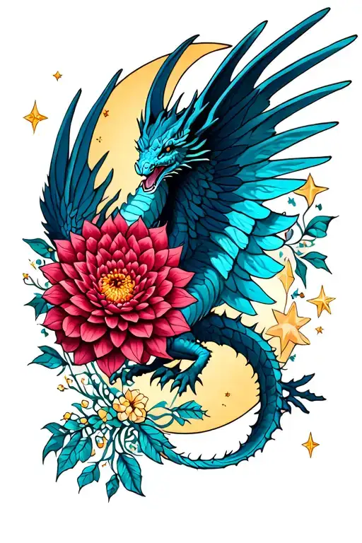 winged dragon, mandala, moon and stars, dahlias, burgundy, turquoise tattoo design idea