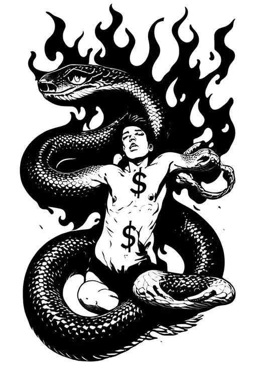 person on fire, being strangled by a detailed snake, with the dollar sign symbol in the eyes tattoo design idea