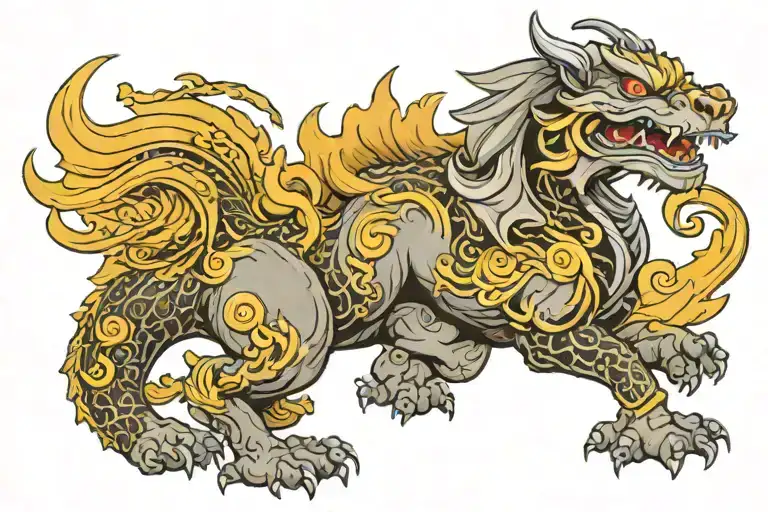 Snoop as a dragon fluffy foo dog  dragon acncient old school black an grey tattoo design idea