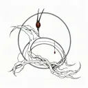 waning moon with flowing blood and a red crystal inside the moon pierced by a blade made of many curved lines Horror tattoo design idea