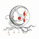 waning moon with flowing blood and a red crystal inside the moon pierced by a blade made of many curved lines Horror tattoo design idea