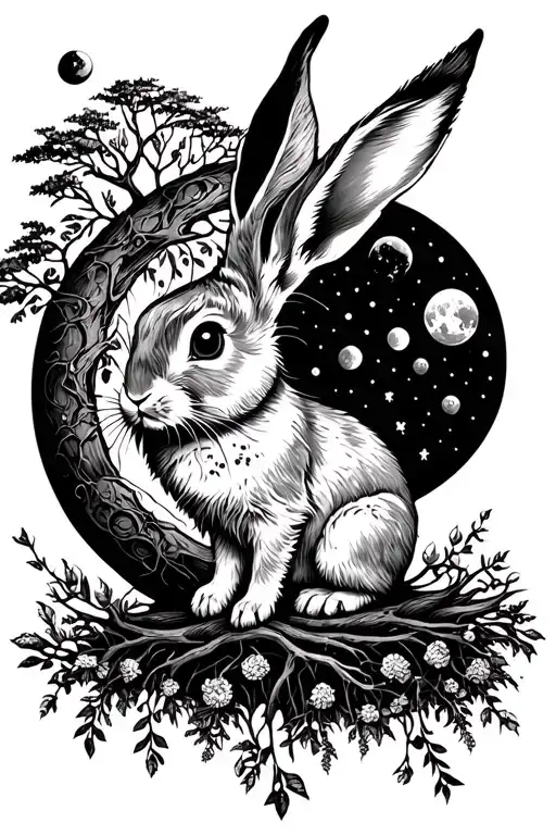 bunny on a moon lunar phases tree of life tattoo design idea