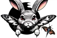 killer Jackalope lop rabbit with 4 eyes, creepy with moth and moon tattoo design idea