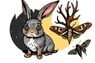 killer Jackalope lop rabbit with 4 eyes, creepy with moth and moon tattoo design idea