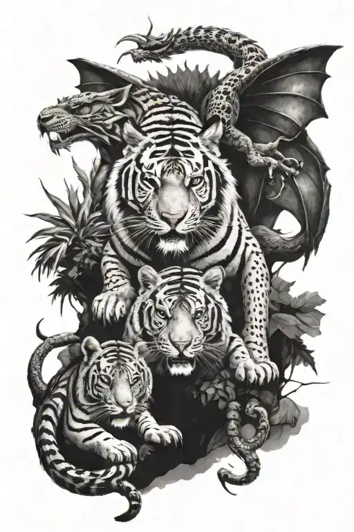 Large dragon, large tiger, standing over small dragon and small tiger, small ox silhouette behind them tattoo design idea