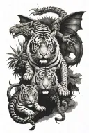Large dragon, large tiger, standing over small dragon and small tiger, small ox silhouette behind them tattoo design idea