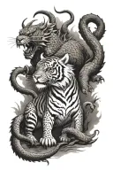Large dragon, large tiger, standing over small dragon and small tiger, small ox silhouette behind them tattoo design idea