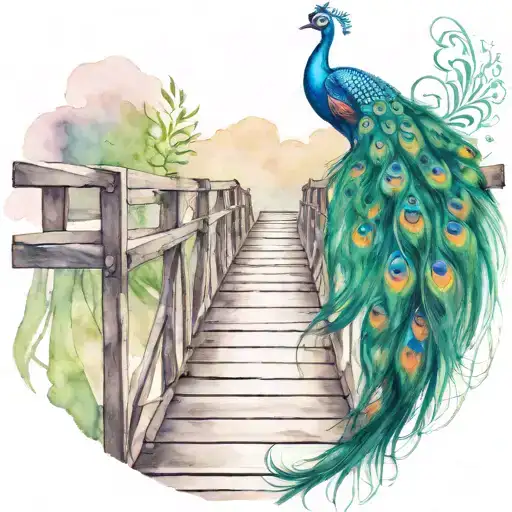 wooden bridge with peacock feather intertwined tattoo design idea