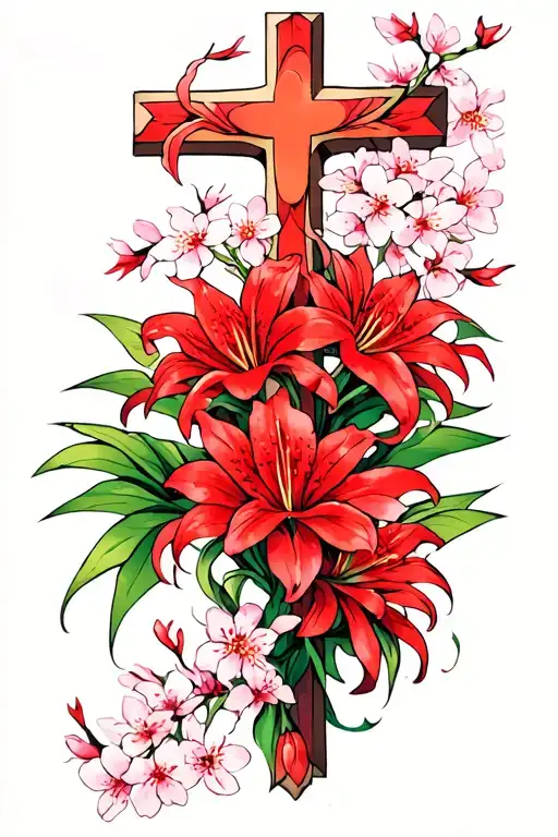 The Cross with Red Spider Lilies and Cherry Blossoms in the breeze tattoo design idea
