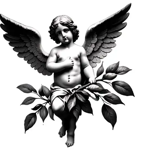 olive branch with cherub angel tattoo design idea