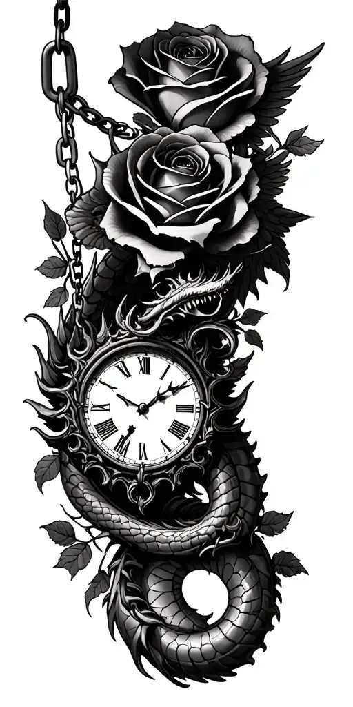 roses growing, eye looking, dragon intertwined, angel swings, clock face, chains tattoo design idea