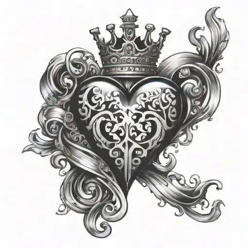 a heart connected to a 7 + red K + crown tattoo design idea