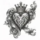 a heart connected to a 7 + red K + crown tattoo design idea