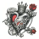 a heart connected to a 7 + red K + crown tattoo design idea