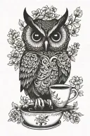 owl, coffee cup, tree, flowers tattoo design idea