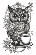 owl, coffee cup, tree, flowers tattoo design idea