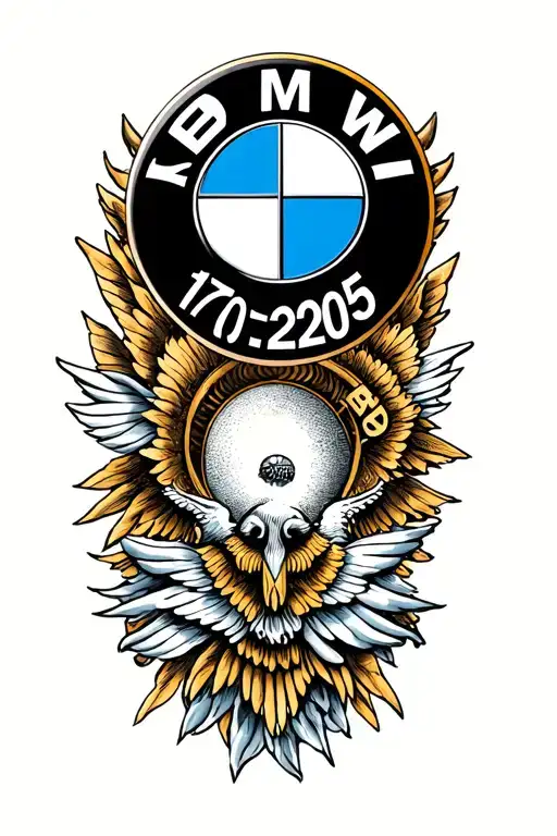 bmw logo into my body and something around that represent no risk means no story and 17.09.2005 in roman numbers tattoo design idea