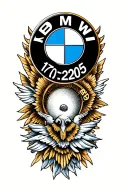 bmw logo into my body and something around that represent no risk means no story and 17.09.2005 in roman numbers tattoo design idea