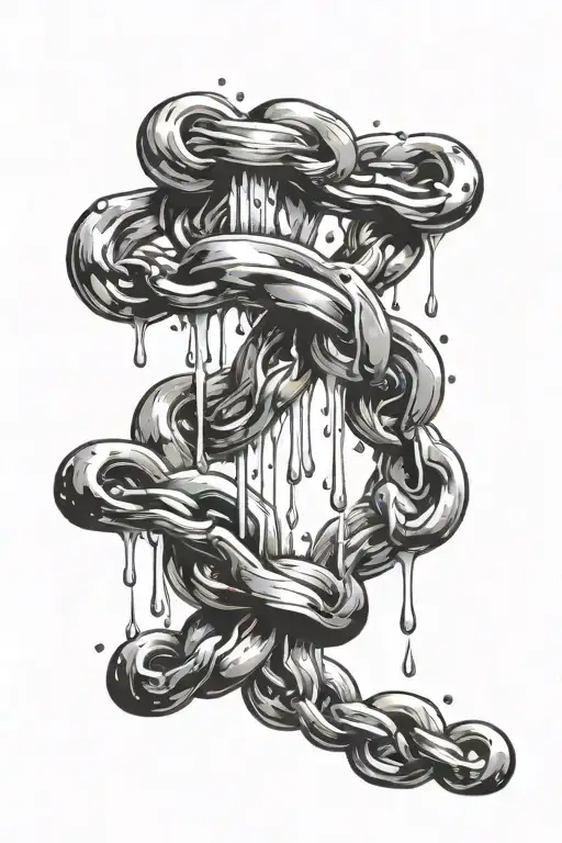 fine line tattoo of chains dissolving into water droplets. droplets spell out "clean" on spine tattoo design idea