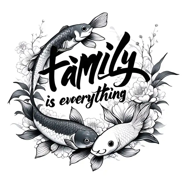 words "family is everything" in Chinese symbols along with koi fish and floral, line art tattoo design idea