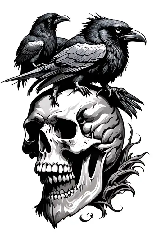 odins skull with his ravens Huginn and Muninn tattoo design idea