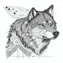 An intricate financial chart or graph with subtle wolf imagery intertwined tattoo design idea