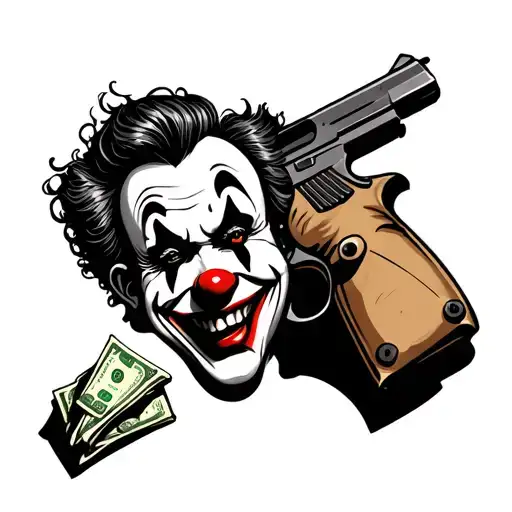 tattoo of a clown but only the clown's face and smile on the left side gun and on the right side a bag of money in black tattoo design idea