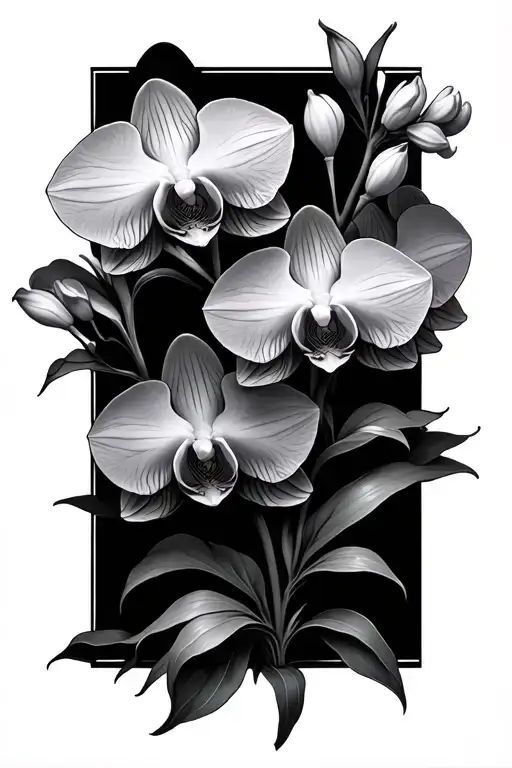 orchids blooming with renesanse/gothic details and black background  tattoo design idea