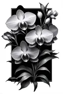orchids blooming with renesanse/gothic details and black background  tattoo design idea