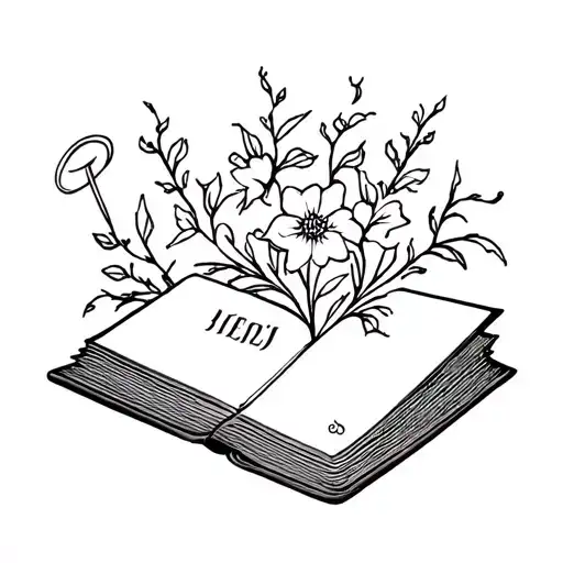 song of Achilles symbols coming out of a book with flowers and vines  tattoo design idea