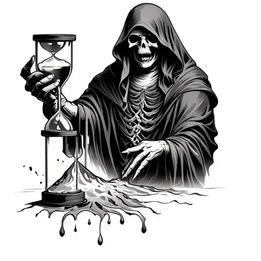 Grim Reaper holding an broken hourglass with sand flowing out of the bottom of it tattoo design idea