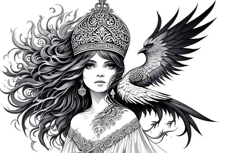 Firebird girl in a kokoshnik and Slavic ornament in full growth tattoo design idea