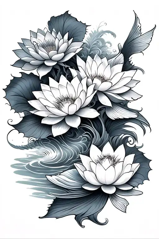 three lotus flowers and one koi fish sleeve with waves tattoo sleeve tattoo design idea