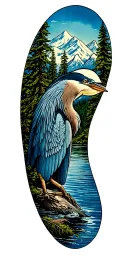 Mountians, Flowing water, Pine trees, gret blue heron tattoo design idea