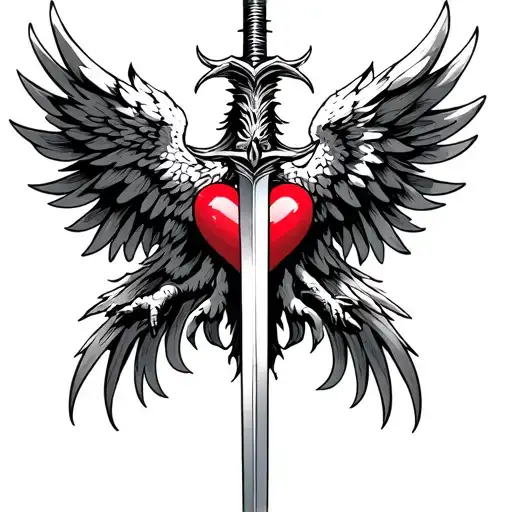 Phoenix with open wings holding a sword with a heart crossed in the Blackwork style tattoo design idea