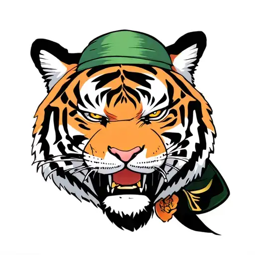a tiger that looks likezoro one piece has white sores in mouth left eye is closed with a scar and is wearing a green ba  tattoo design idea