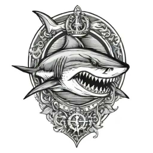 shark that has an anchor in their mouth wearing a sailor hat tattoo design idea
