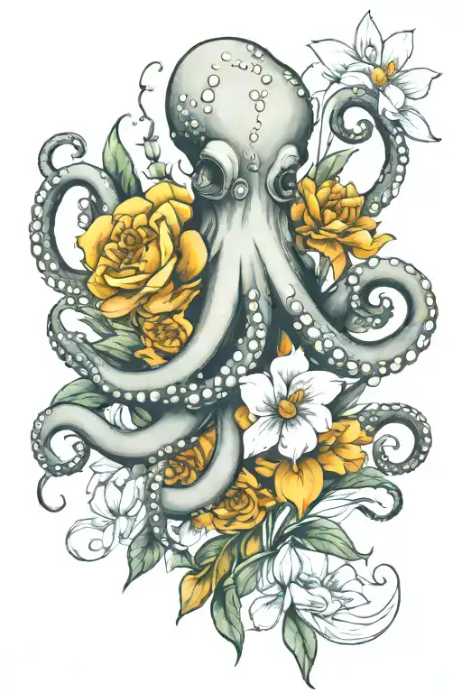 octopus, snowdrop, rose , marigold   bouquet tattoo design idea