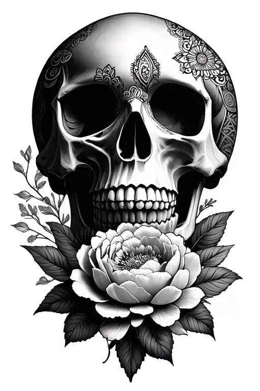 skull with peonies and mandalas tattoo design idea