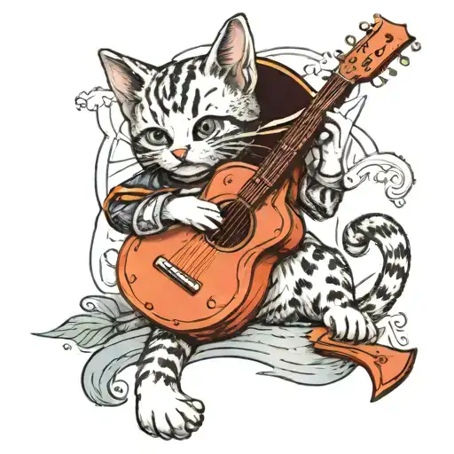 A tattoo design of a kitten dressed as a pirate from One Piece, playing a guitar in a beautiful landscape setting, in a dotwork style tattoo design idea