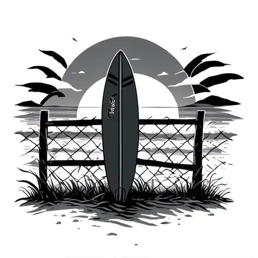 Background of beach and sunrise behind a fence with surfboard resting on it tattoo design idea