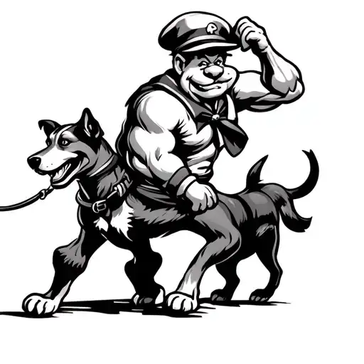 badass popeye the sailor man walking a helhound on a leash tattoo design idea
