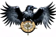 raven flying with open wings holding a compass rose  tattoo design idea