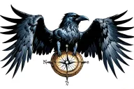 raven flying with open wings holding a compass rose  tattoo design idea