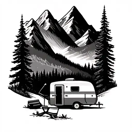 camping scene with popup caravan mountain landscape tattoo design idea