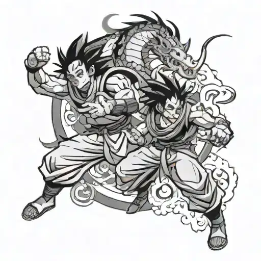 itachi uchiha with mangeko sharingan and goku tranformed dragon ball z fighting with each other  tattoo design idea