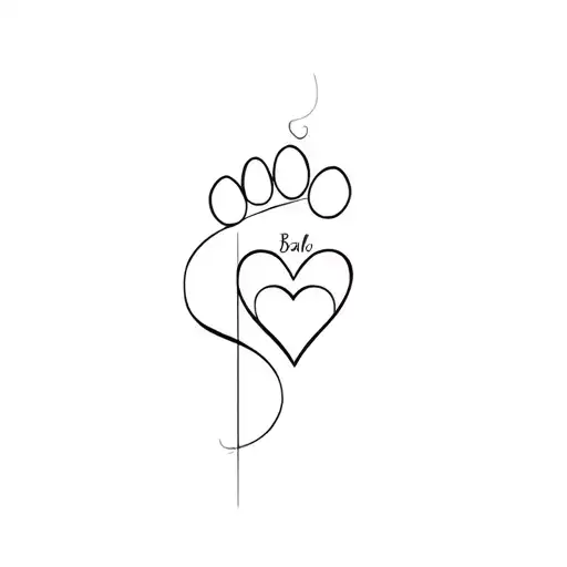 the name Baloo fine line tattoo that goes into a dog paw and heart in a thin line tattoo design idea